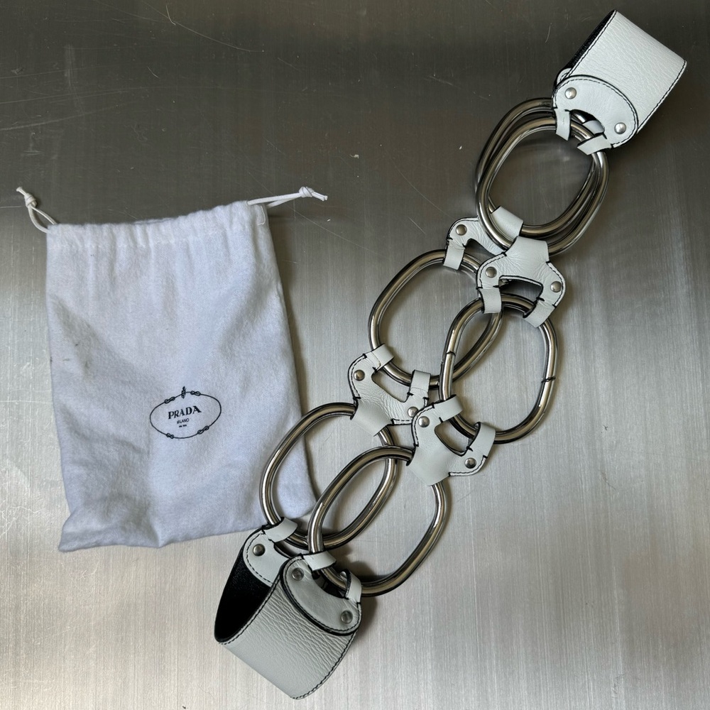 Prada Vintage Metal Ring Leather Belt in White size 90